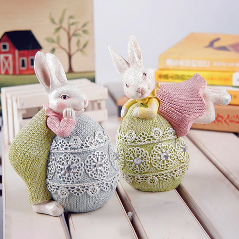 

Cute Rabbit Easter Decorations Resin Kawaii Bunny Figurines Easter Eggs Home Desk Decor Garden Animal Statues Collection