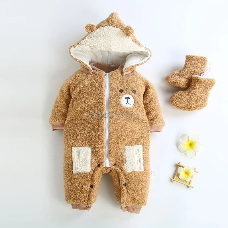 romper with shoes Новорожденных зимняя одежда комбинезон для мальчиков, для малышей хлопковые толстовки с капюшоном, детский зимний комбинезон для новорожденных девочек; комбинезон+ головной убор+ обувь, комплект одежды из 3 предметов - Цвет: romper with shoes