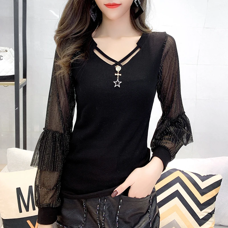 

New 2020 Autumn women t-shirt Fashion long sleeve v-neck black tops Sexy Mesh patchwork women tops and shirt