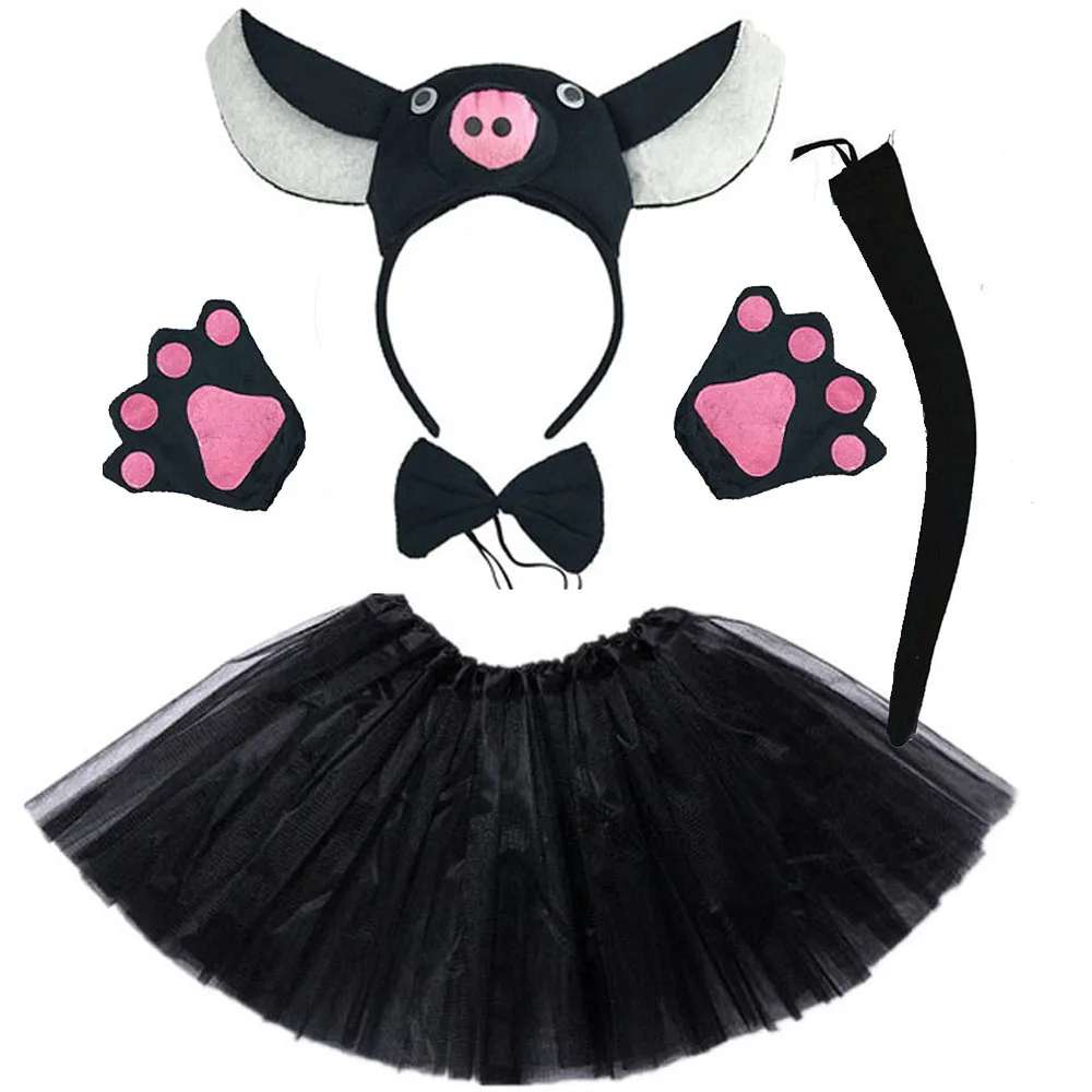 

Black Animal Pig Headband Bow Tail Paws Tutu Skirt Set Kids Girl Party Costume Women Gift Props Cosplay Halloween Christmas