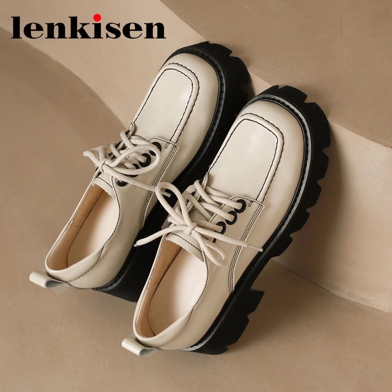 

Lenkisen кожаные туфли в стиле преппи Водонепроницаемые кожаные туфли на среднем каблуке с круглым носком повседневные туфли с шнуровкой спере...