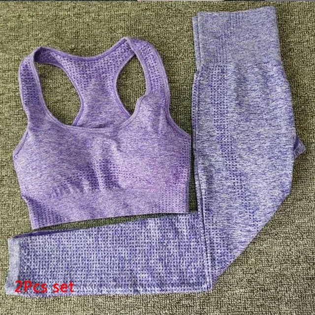 Purple 2Pcs Set 2 шт. бесшовный Набор для йоги Женская одежда для фитнеса спортивная женская спортивная одежда леггинсы для спортзала+ мягкий пуш-ап спортивный бюстгальтер спортивные костюмы для бега - Цвет: Purple 2Pcs Set