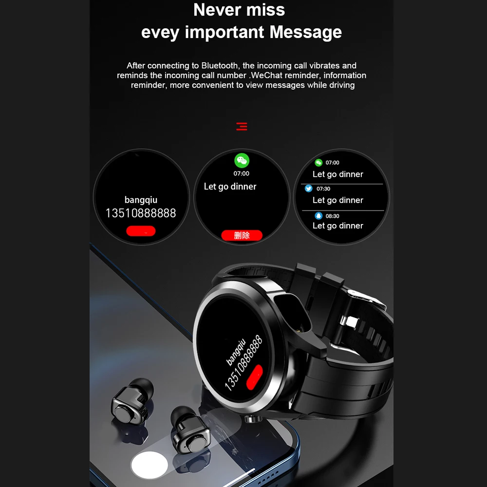 New Tws 2 In 1 Wireless Bluetooth Headset Smart Watch Men Full Touch Screen Heartrate Sport Music Smartwatch For Android IOS | Электроника