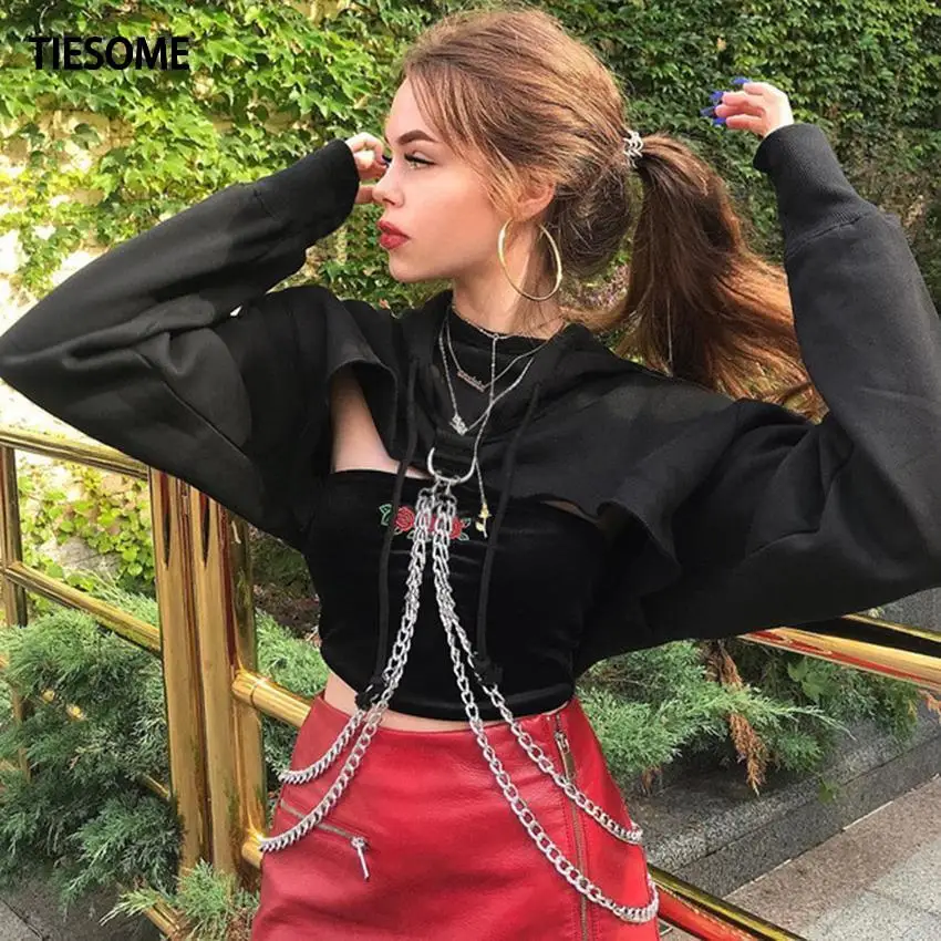 

TIESOME Punk Hoodies Kpop Sweatshirts Women Gothic Summer 2020 Metal Chain Hip Hop Harajuku Hoodie Sweatshirt Clothes Moletom