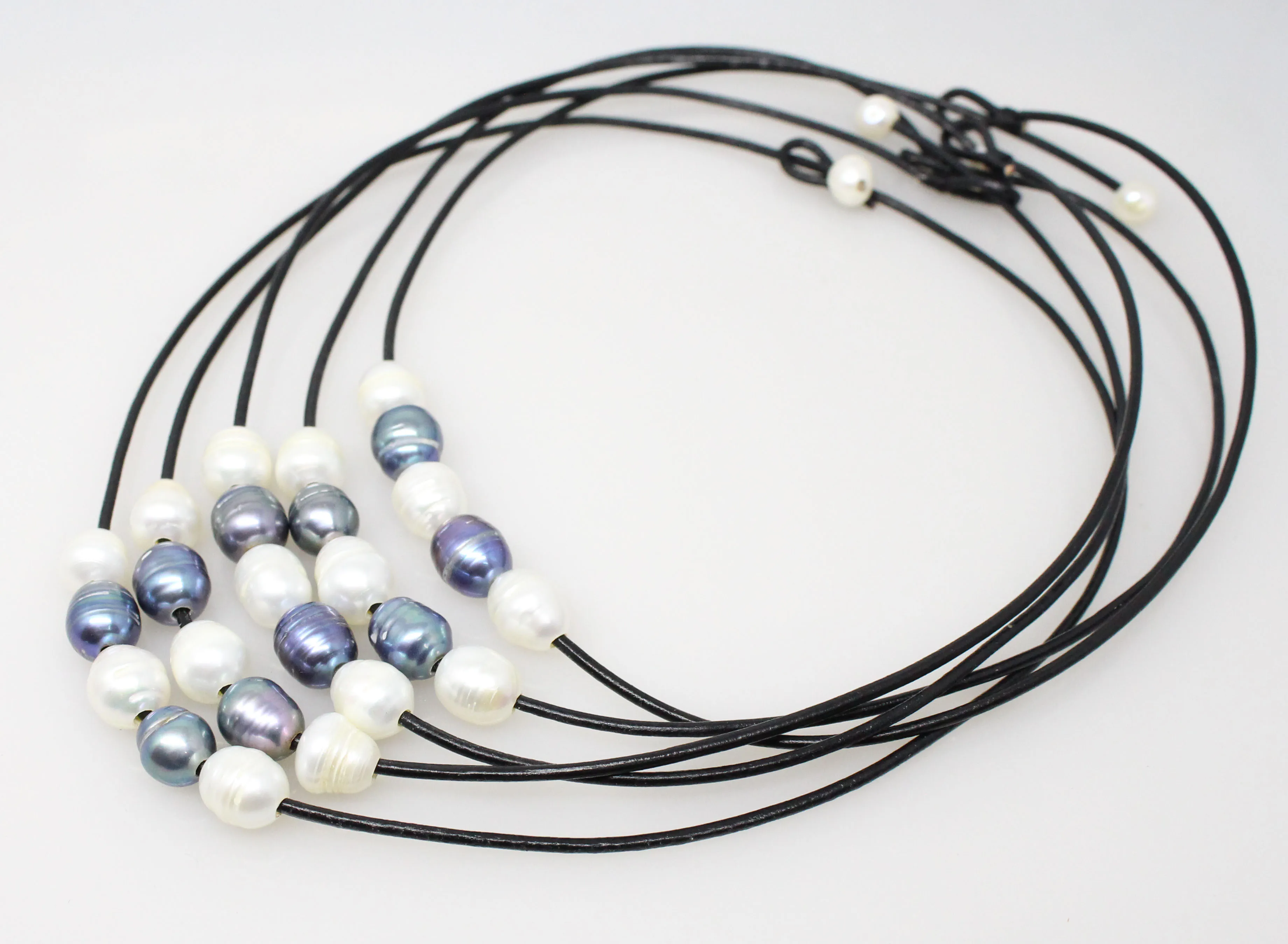5Strand Choker 10mmX12mm Growth Beads Drop Real Pearl Black Leather Necklace 17.5inches Choose color |