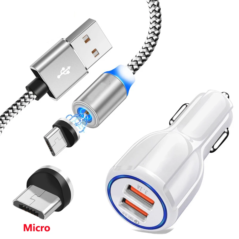 QC 3 0 быстрое зарядное устройство для автомобиля Магнитный Кабель Micro USB Samsung A10 A6 A7