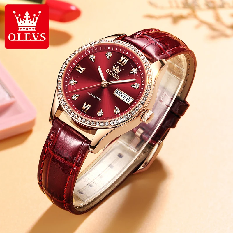 OLEVS Fashion Luxury Lady Diamond Mechanical Watch  Waterproof Wristwatch Gifts Calendar Leather Automatic Watches For Women