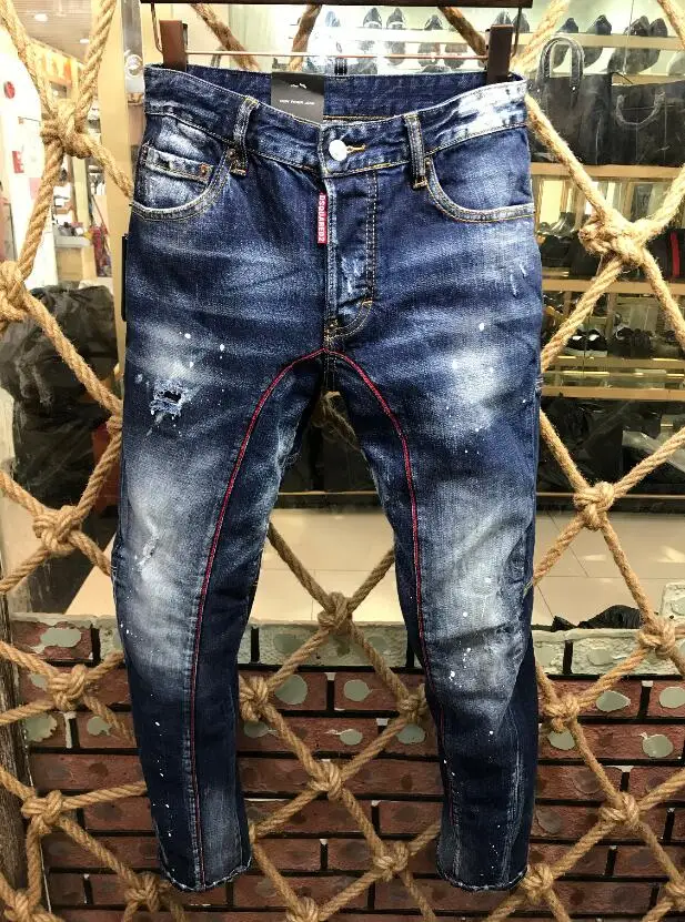 

Top Sale classic dsquared2 Men's Skinny Jeans Ripped Holes And elastic Paint Spray Blue Stitching Beggar Pants 28-38