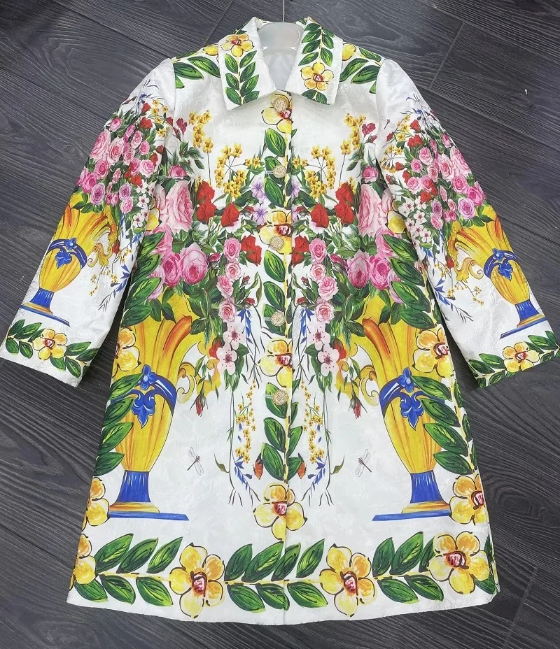 

Женское жаккардовое пальто с отложным воротником, длинным рукавом и цветочным принтом