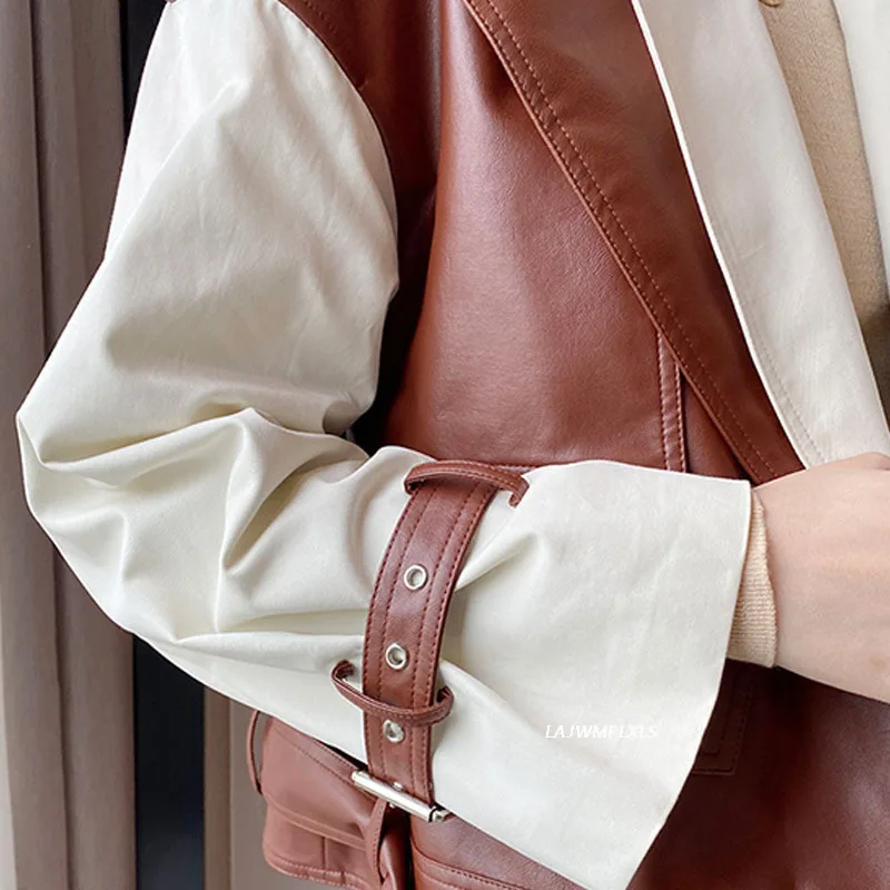 

2021 Fashion Locomotive Wind short pu leather coat female hit color double lapel design leather jackets with belt