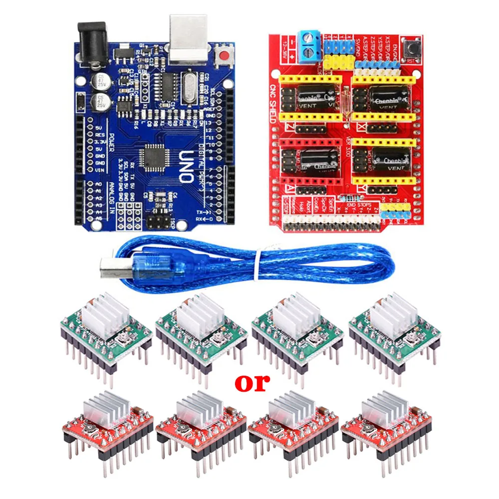 Щит с ЧПУ Плата расширения V3.0+ UNO R3 плата с usb для Arduino+ 4 шт. Драйвер шагового двигателя A4988 наборы для Arduino