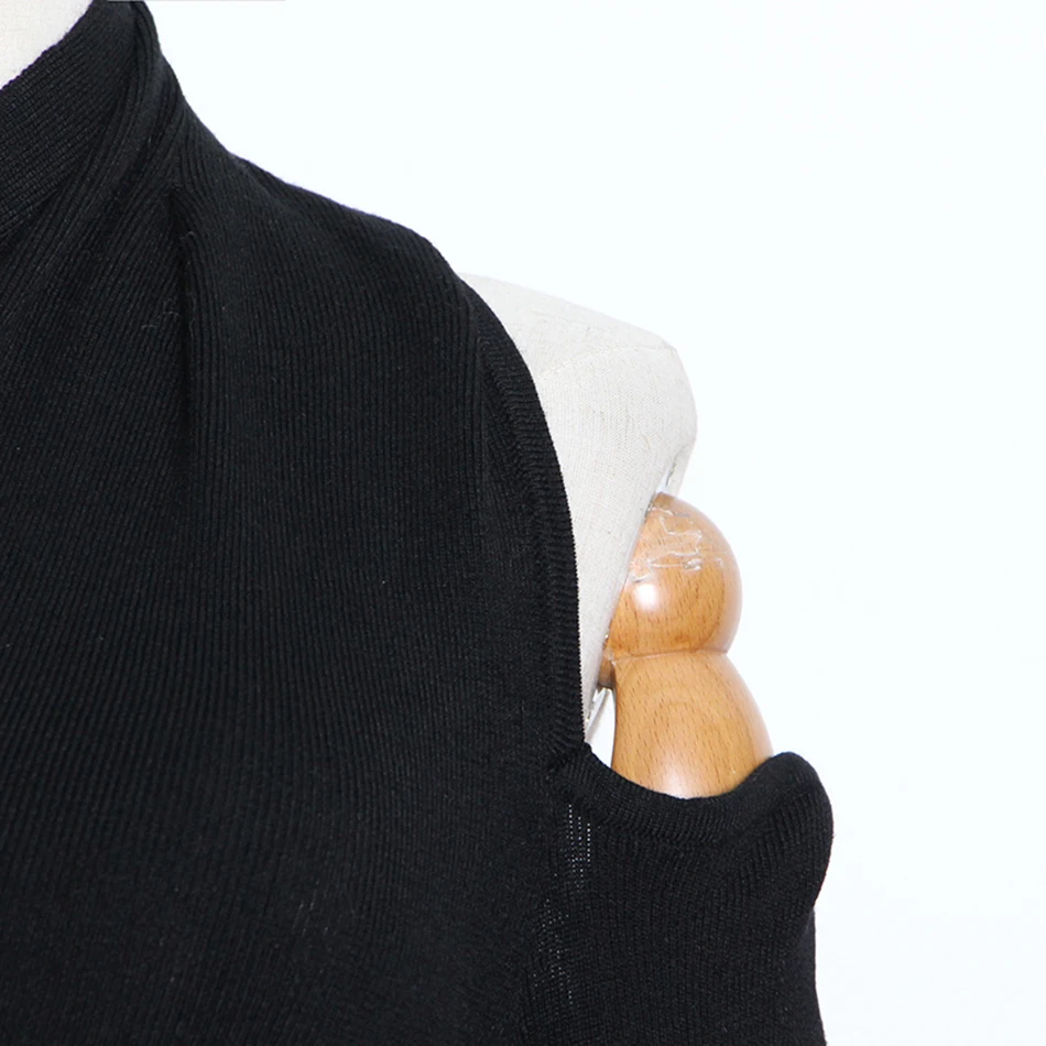 

High Quality Women's 2020 Fall Fashion Black Knitted Sweater Sexy Irregular Collar Long Sleeve Hollow Backless Slim Sweater