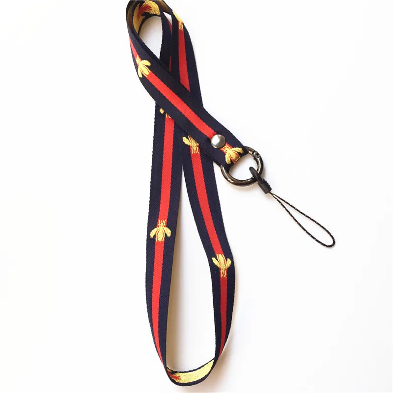 

1 set of 2cm width bee Stripe Neck Lanyard black circle clasp Duty Metal Car Keychain with Classical Stripe for phones keys