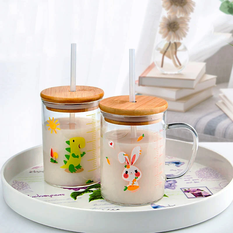 350ml Cartoon Straw Mug Glass Scale Cup Children's Milk Breakfast Mugs with Handle Lid Cute dinosaur cold drink glass - купить по