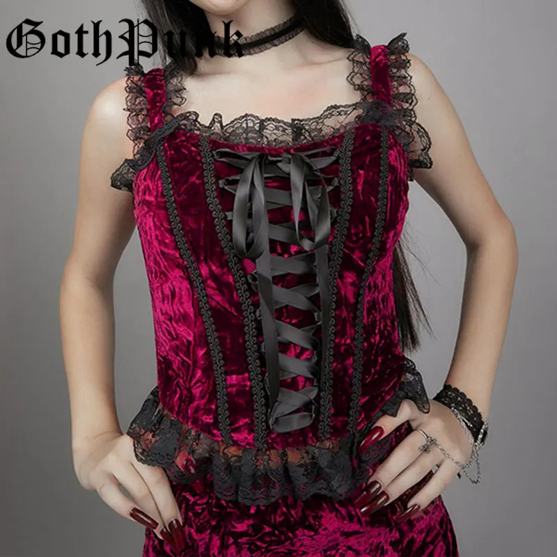 

Goth Punk Patchwork Lace Red Camis Vintage Drawstring Backless Velvet Camisole Women Palace Elegant Summer Gothic Corset Tops
