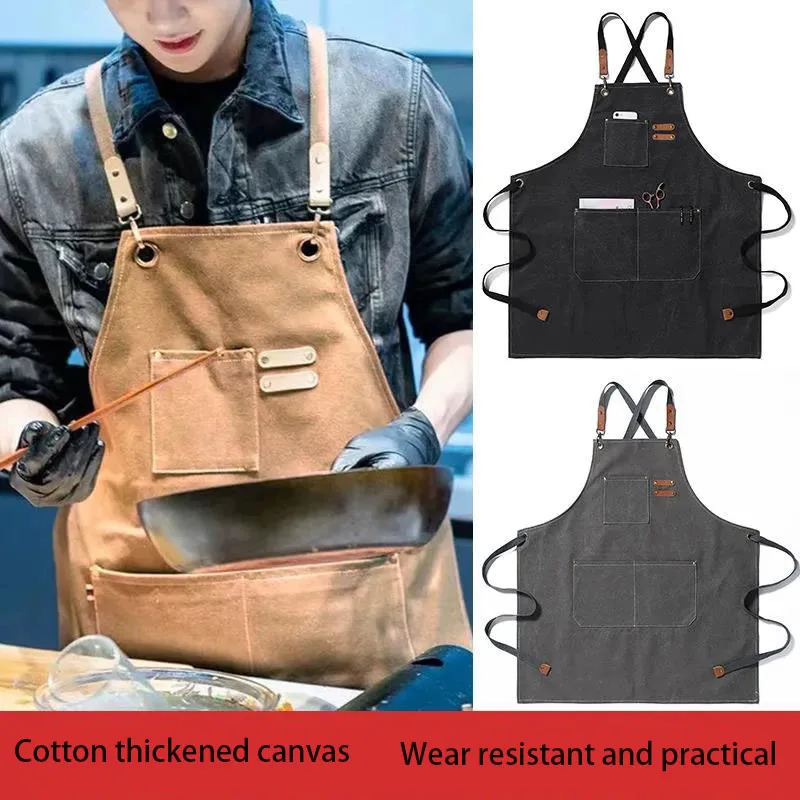 

Work Apron Enlarged Pocket Canvas Coffee Pinafore Waterproof Oil-Proof Adjustable Cooking Kitchen Aprons Hairdressing Products