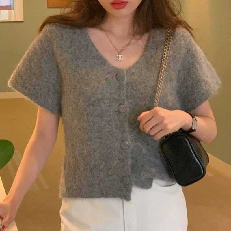 

Autumn Women Slim Knitted Cardigan Sweater U Shape Collar Short Sleeve Single Breasted Plush Crochet Outerwear Top Female