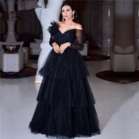 black muslim evening dresses a line v neck long sleeves tulle tiered dubai saudi arabic long evening gown prom dresses