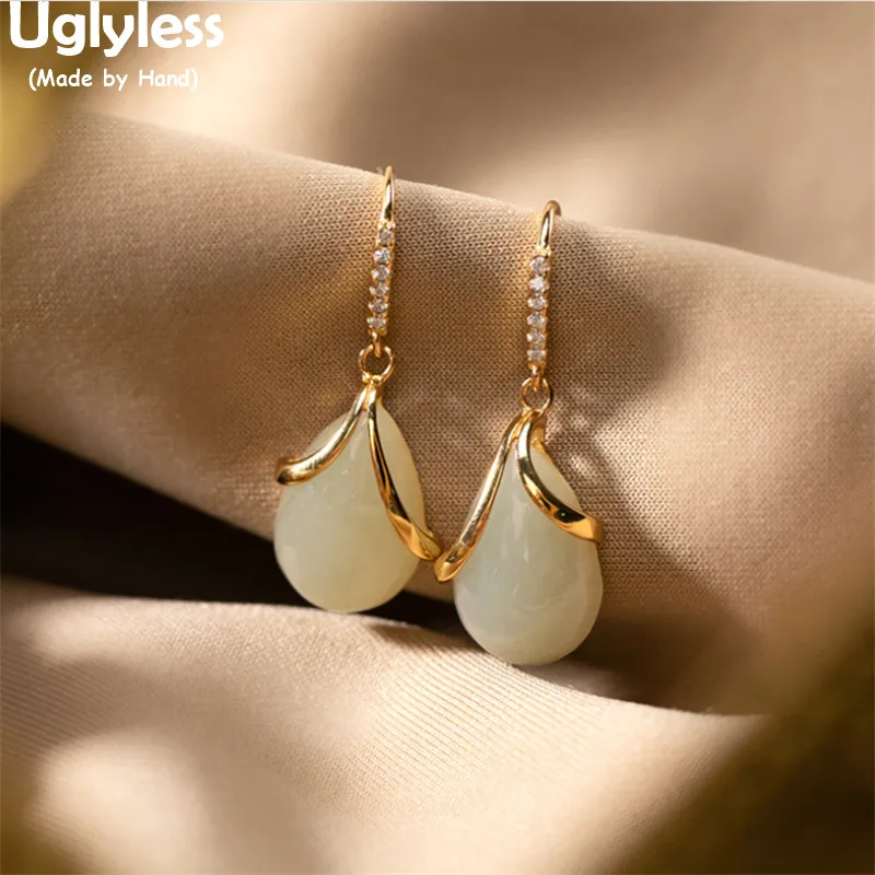 

Uglyless Water Drop Natural Jade Elegant Women Dress Earrings Crystals Jewelry Gold 925 Silver Brincos Gemstones Fashion Jewelry
