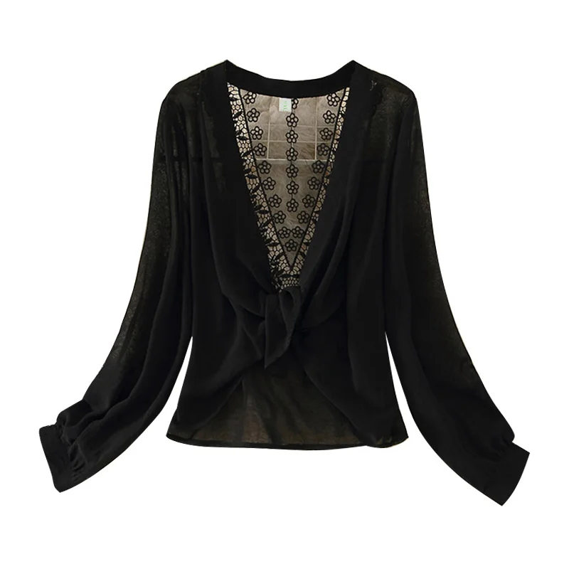 

Lace Chiffon Shirt Cardigan Coat Summer Women Jacket Thin Top Hollow Out Sunscreen Coats White Long Sleeve Female Jackets