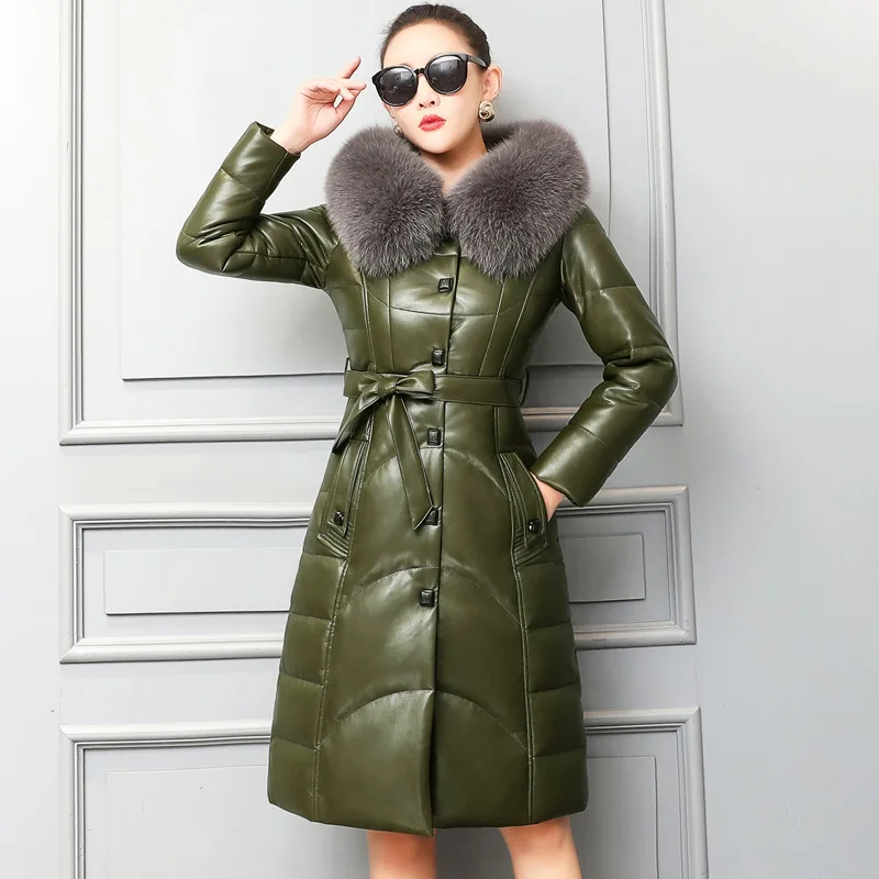 army green KMETRAM куртка из натуральной кожи с воротником из лисьего меха, женская одежда, зимняя женская куртка из овчины, пальто для женщин размера плюс - Цвет: army green