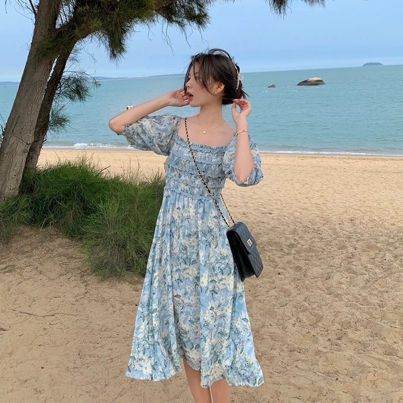 

New Summer Woman Knee Length Casual Beach Style Chiffon Print Half Sleeve Elegant Dress YOU502