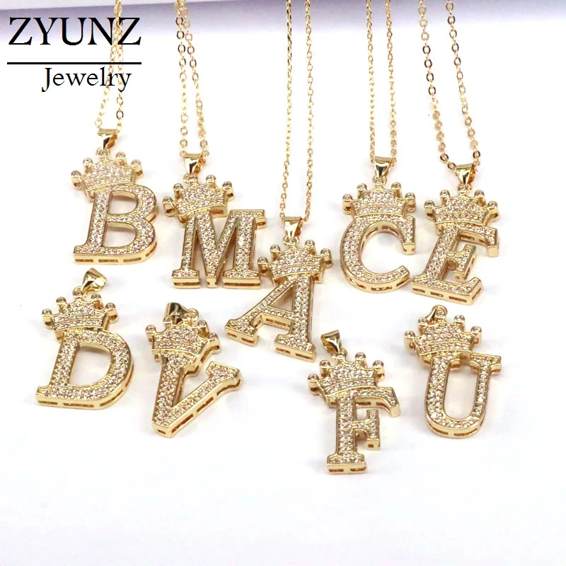 

6PCS, Crystal Zircon Crown Initials Alphabet Necklace Letter Chain Necklaces For Women Metal Necklace Men Hip Hop Jewelry