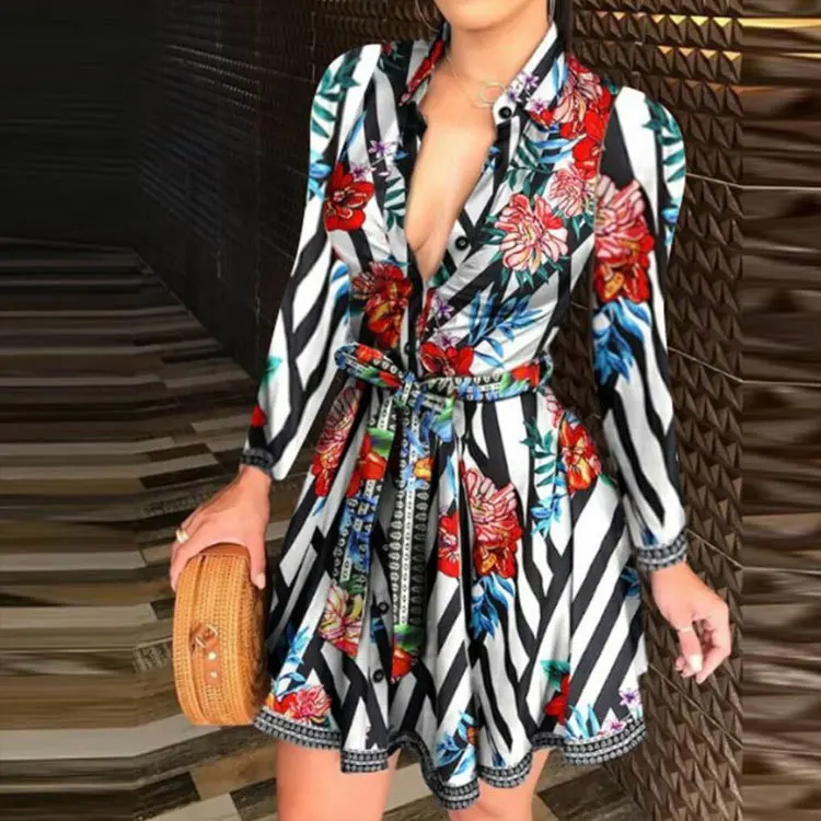 

Autumn 2020 Fashion European and American New Fashion Autumn New Fashion Print V Collar Dress Belt Dress Mini Dress
