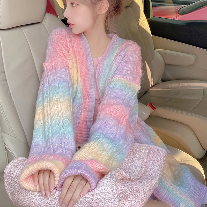 

Rainbow Knitted Cardigan Women Autumn winter Sweet Kawaii Sweater Coat Female long Button Down Cardigan Fall 2020 Women 695C