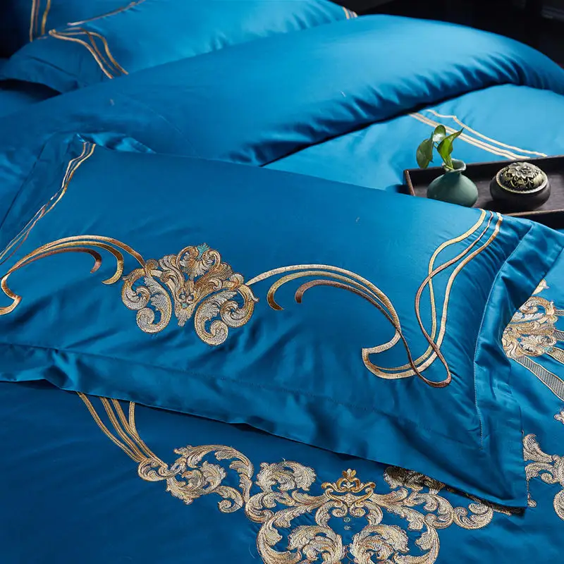 4/6 шт. благородный синий комплект постельного белья с вышивкой/сатиновый