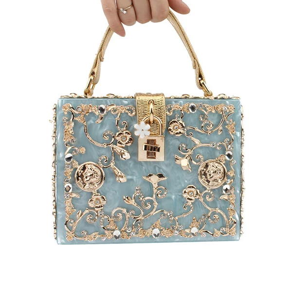 blue Акриловая коробка, вечерние сумки для женщин, Роскошные цветы, замок, бриллианты, каменный узор, маленький квадратный клатч, сумка на плечо, женская вечерняя сумочка - Цвет: blue