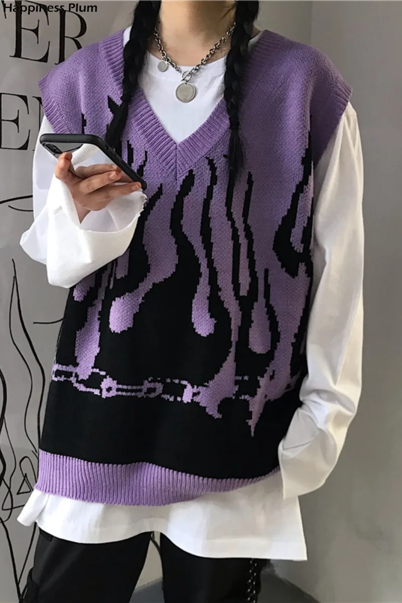 

Sleeveless Knitted Sweater Tank Women Vest Vintage Flame Jumper Harajuku Streetwear Casual Woman Man Gilet Korean Fashion