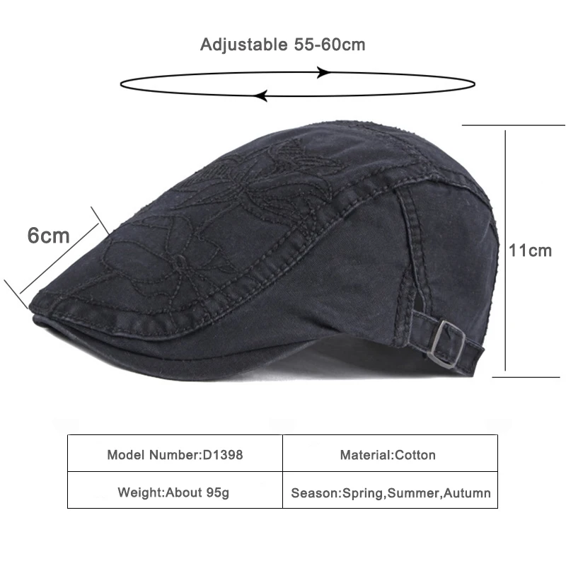 

2021 Retro Spring Men's Hat Cotton Solid Embroidered Berets Black Gray Outdoor Flat Brim Peaked Cap Women Fashion Newsboy Hats
