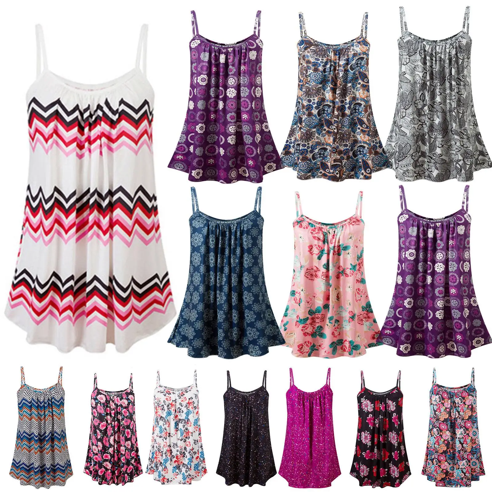 Размера плюс женские платье на бретельках в полоску и с рисунками Цветочный