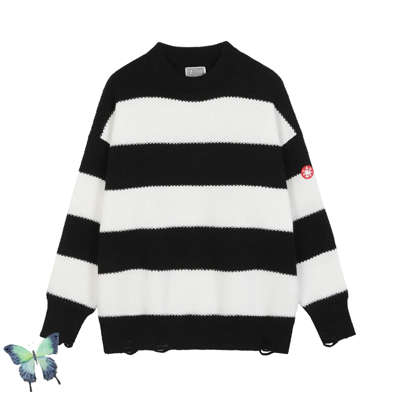 

Black White Stripes Ripped Loose Jacquard Cav Empt Sweater Men Woman CAVEMPT C.E Sweater