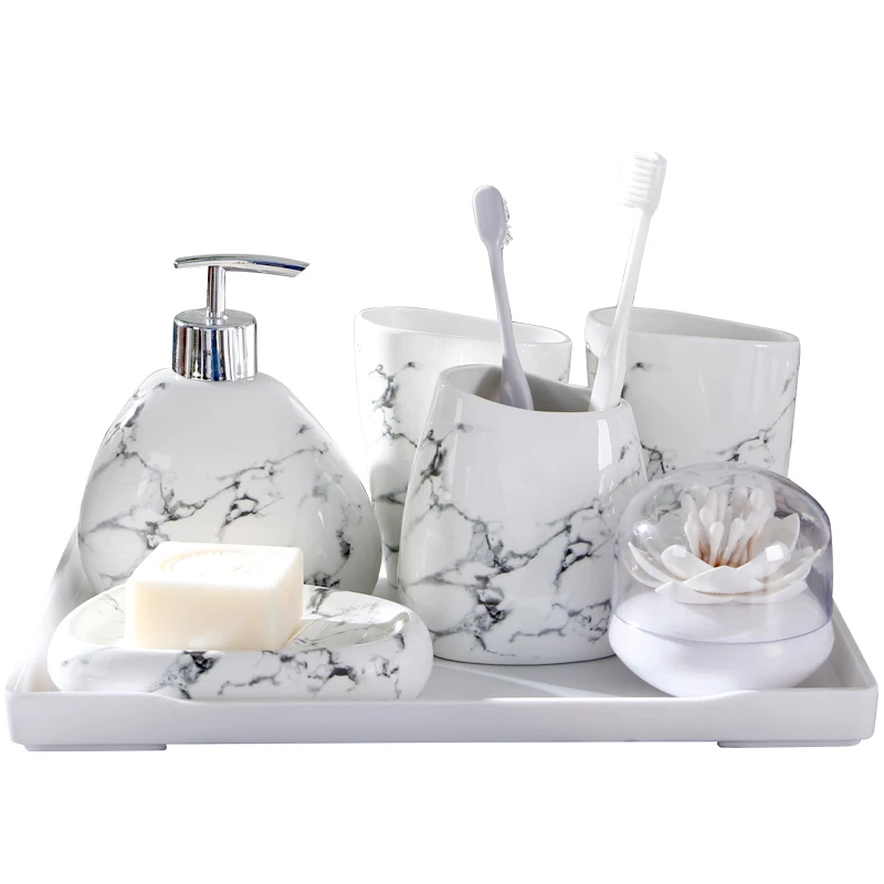 

Nordic Marble Texture Ceramic Bathroom Set With Tray Toothbrush Holder Soap Dispenser Soap Dish Cotton Swab Box Bathroom Accesso