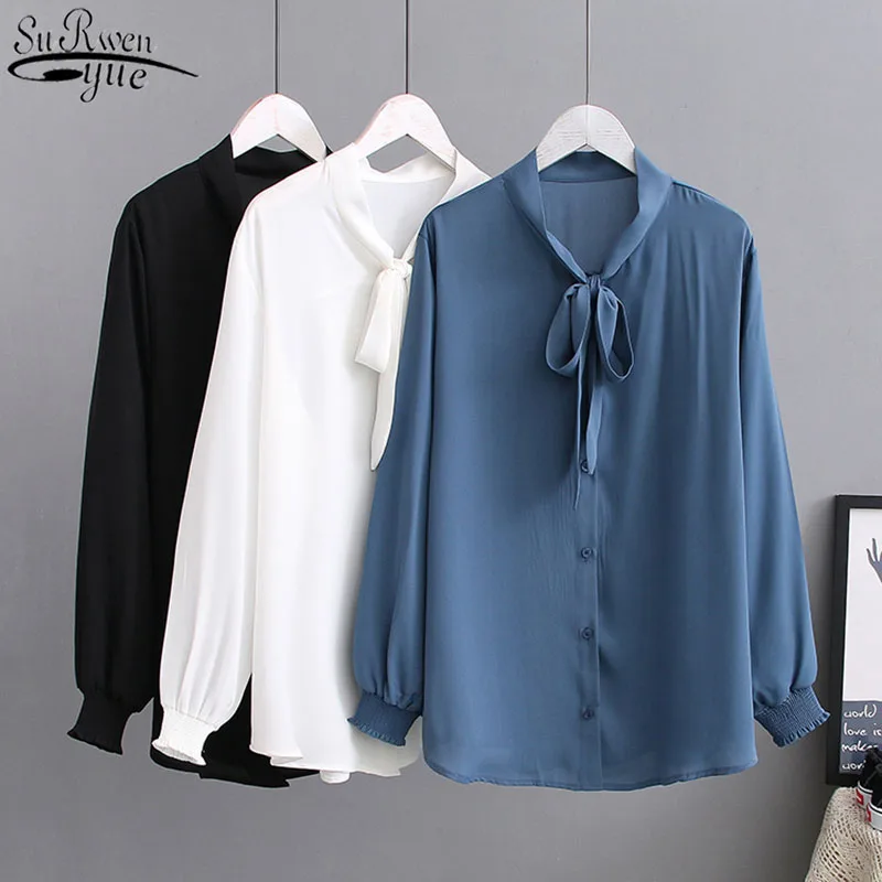 

Office Lady Puff Sleeve Women Shirts with Bow 2021 Plus Size Chiffon Women Blouse and Tops Vintage Loose Female Clothing 12963