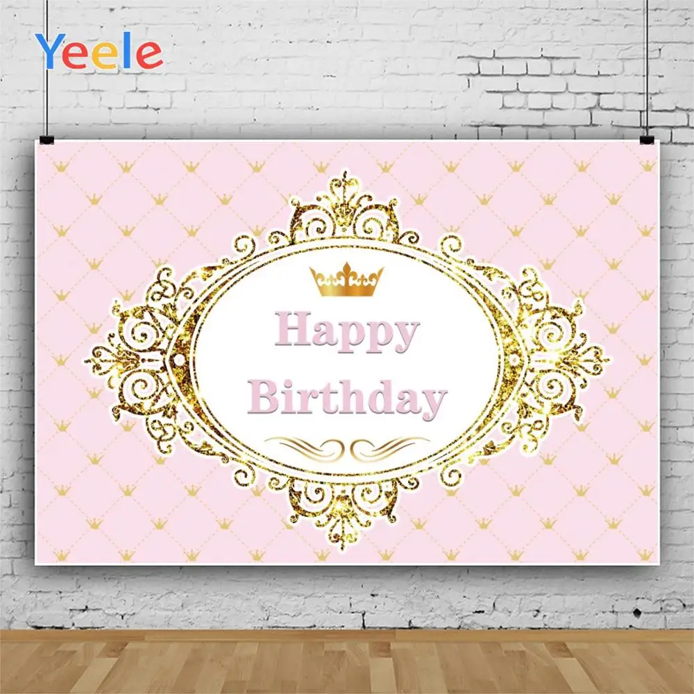 

Yeele Happy Birthday Luxury Golden Crown Spots Pink Gift Background Photophone Photography Backdrops for Decor Customized Size