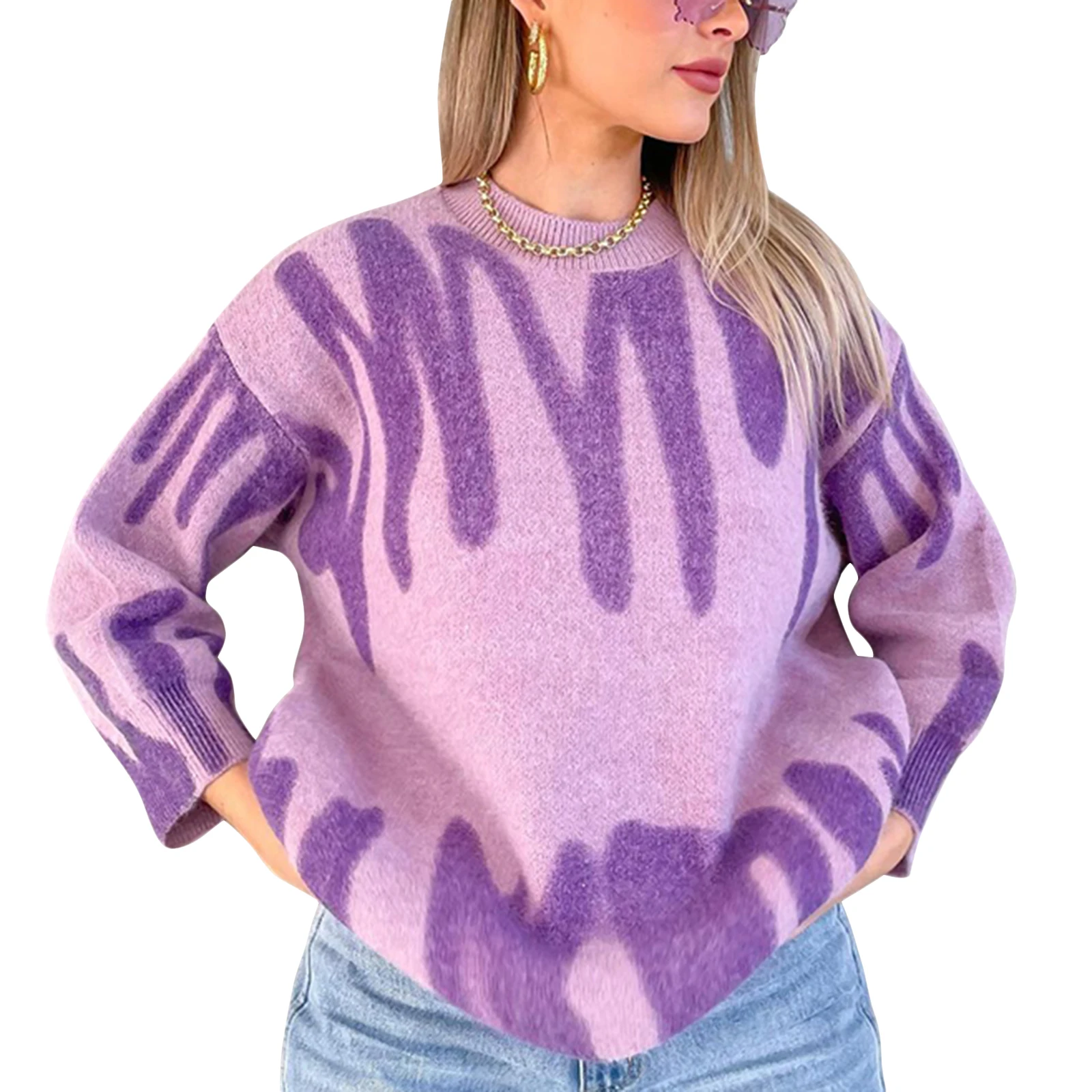 

Women Casual Tie-dye Sweater Adults Electrocardiogram Pattern Long Sleeve Round Neck Pullover