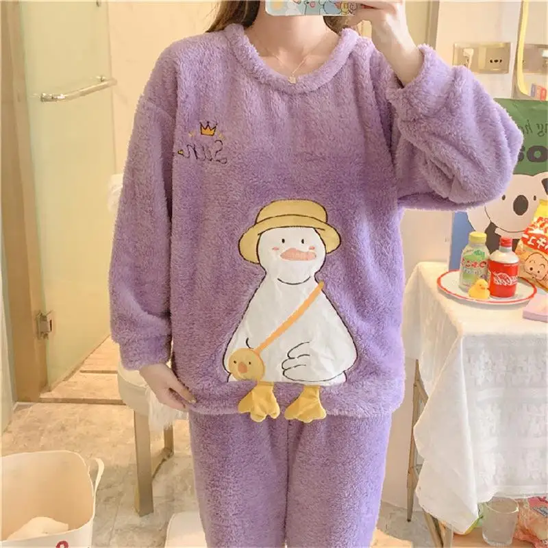 

Pajamas Women Autumn and Winter Flannel Long-Sleeved Comfortable Cute Cartoon Pajamas Plus Velvet Thick Warm Loose Home Service