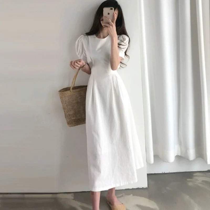 

Женское платье с завязкой на талии, однотонное свободное белое платье трапециевидной формы из хлопка и льна, модель 15279 в Корейском стиле на лето