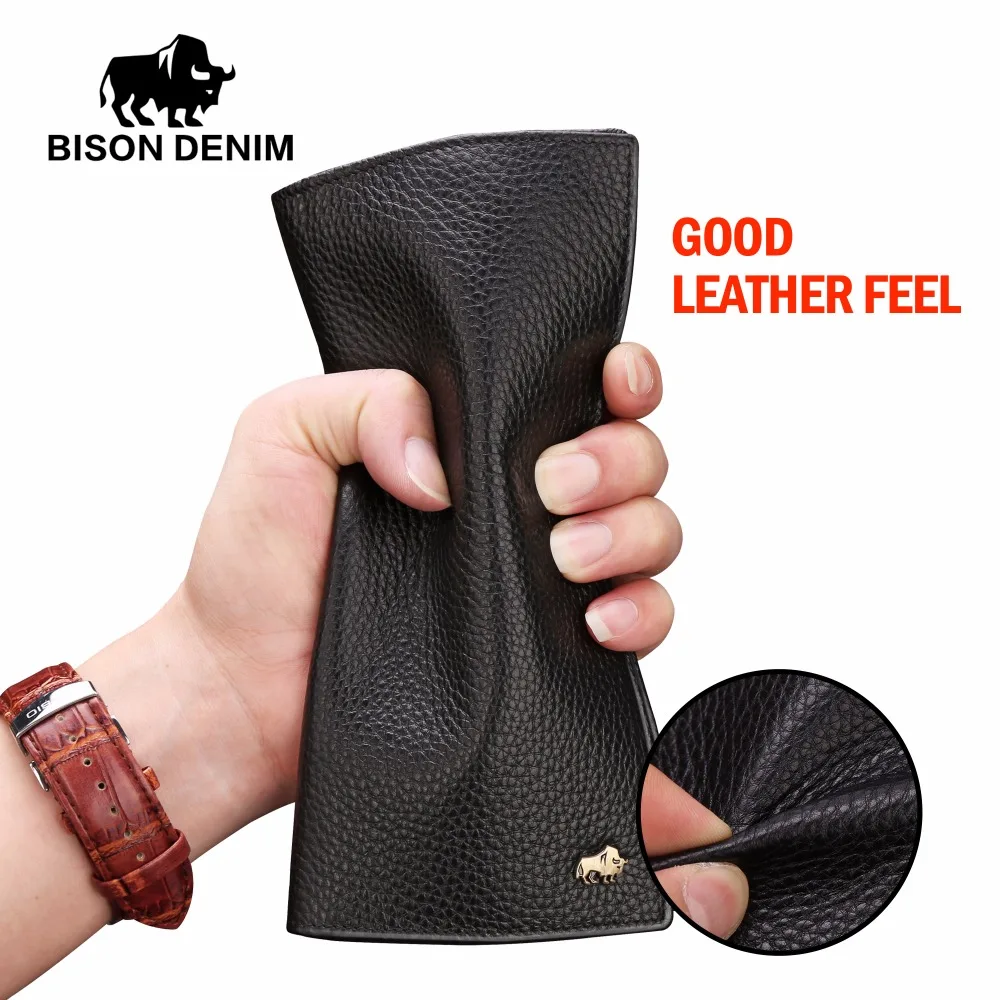 Роскошный мужской кошелек BISON DENIM из натуральной кожи длинный тонкий складной