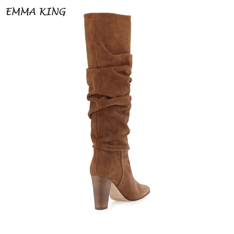 Emma king/женские ботинки новые ботинки до середины икры со складками Женская замшевая обувь с круглым носком на толстом каблуке; модная зимняя женская обувь; Цвет черный, коричневый