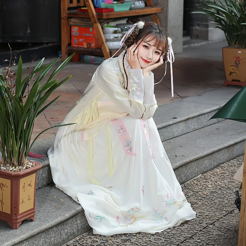 Женское платье с вышивкой Hanfu розовое и желтое повседневное в стиле ретро костюм