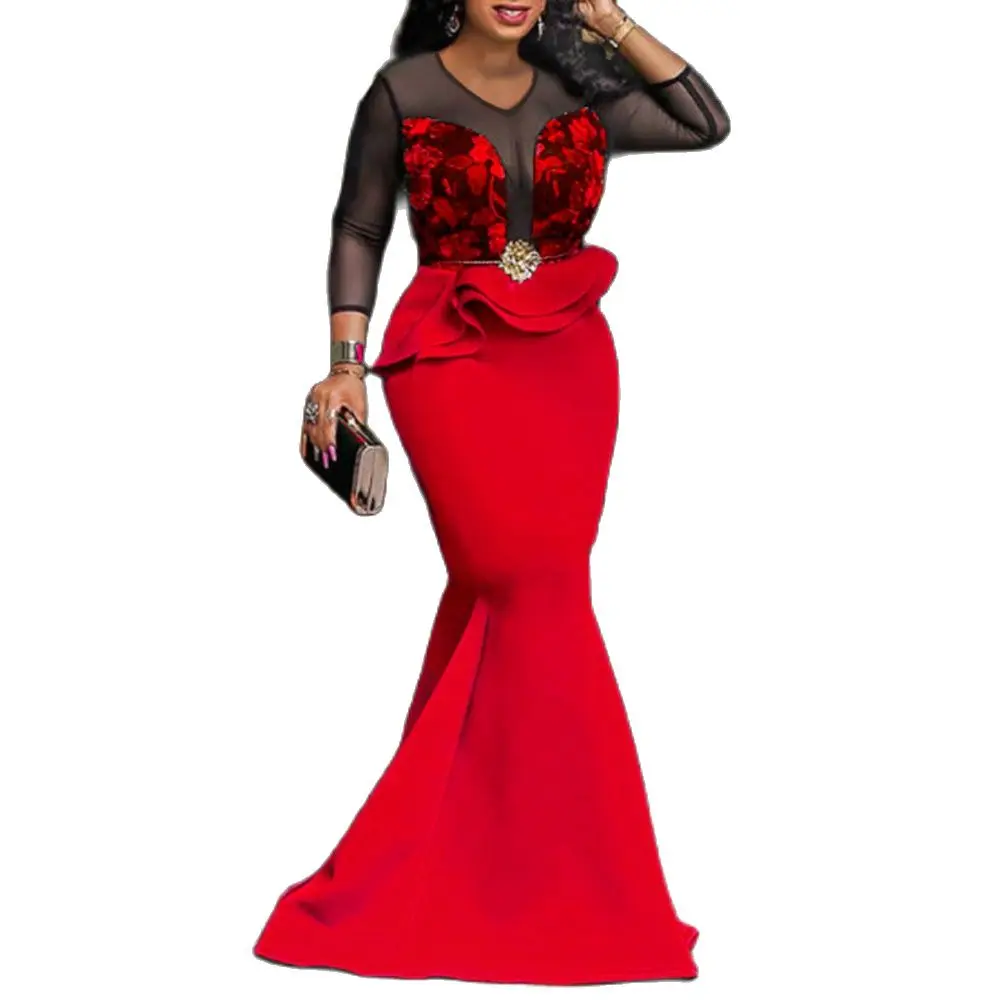 

Royal Blue Women Long Maxi Dresses Elegant Mermaid Trumpet African Ruffles Dress Lace Party Dresses Women Evening Elegant 2021