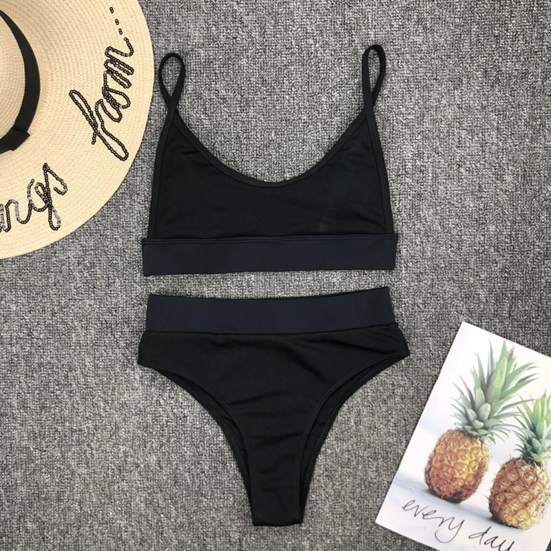 

High Waisted Bikini Set Women Solid Color Ribbed Swimwear Beachsuit Female Push Up Biquini Summer Beach Wear for Bathing Suit