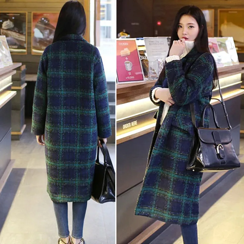 green plaid Новые осенне-зимние женские пальто больших размеров, модные повседневные свободные винтажные MD-Long стильные зеленые клетчатые шерстяные пальто для женщин, большая верхняя одежда, пальто - Цвет: green plaid