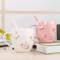 eco friendly ceramic 3d cherry blossoms coffee mug pink exquisite tea mug with spoon kawaii handmad milk water cup birthday gift