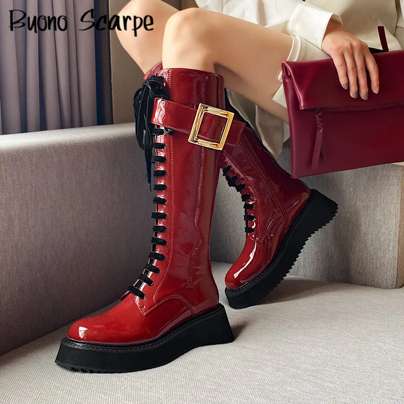 

Big Metal Buckle Platform Shoes Women Long Boots Thick Bottom Patent Leather Knee High Boots Flat Shoes Women Footwear New Botas