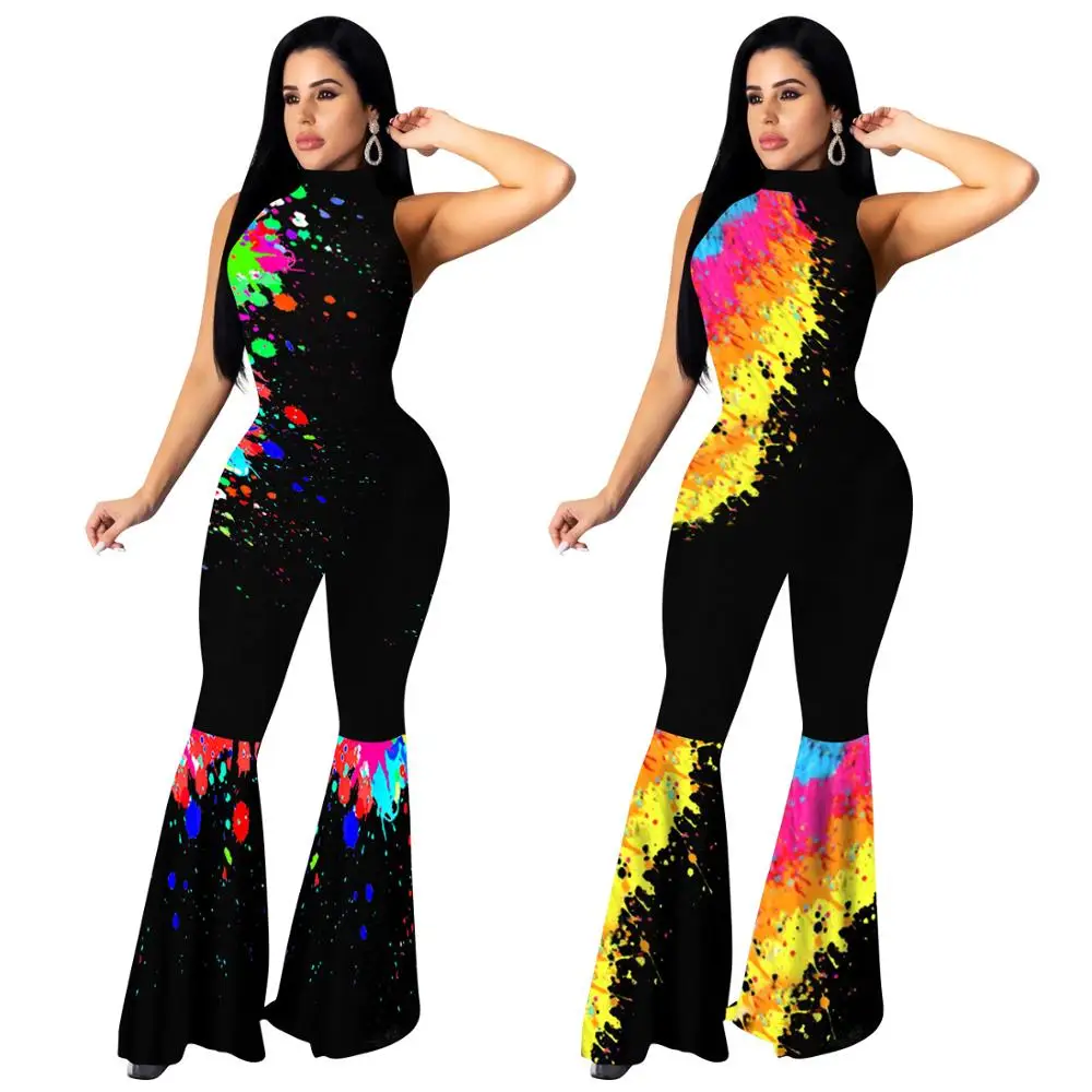 

Women Painting Print Flare Jumpsuit S-XXL Mock Neck Sleeveless Romper Bell Bottom Pants Fashion Sexy Overalls Outfits